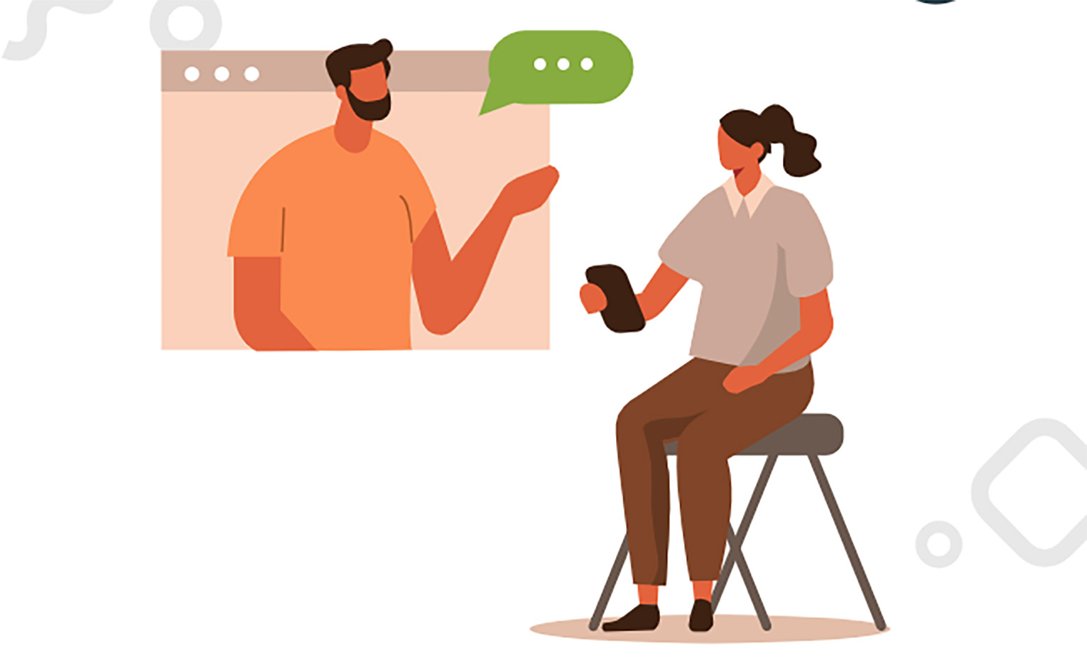 Illustration of a woman sat on a chair talking to a man on her phone. Next to her there is a close up image of the man she is talking to with a speech bubble next to him illustrating building influence.