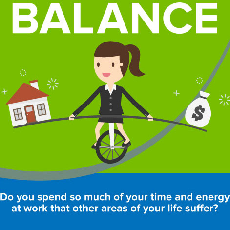 Animated employee balances a house and bag of cash while riding a unicycle on a wire.