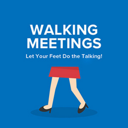 Pair of legs walking. Walking Meetings written above.