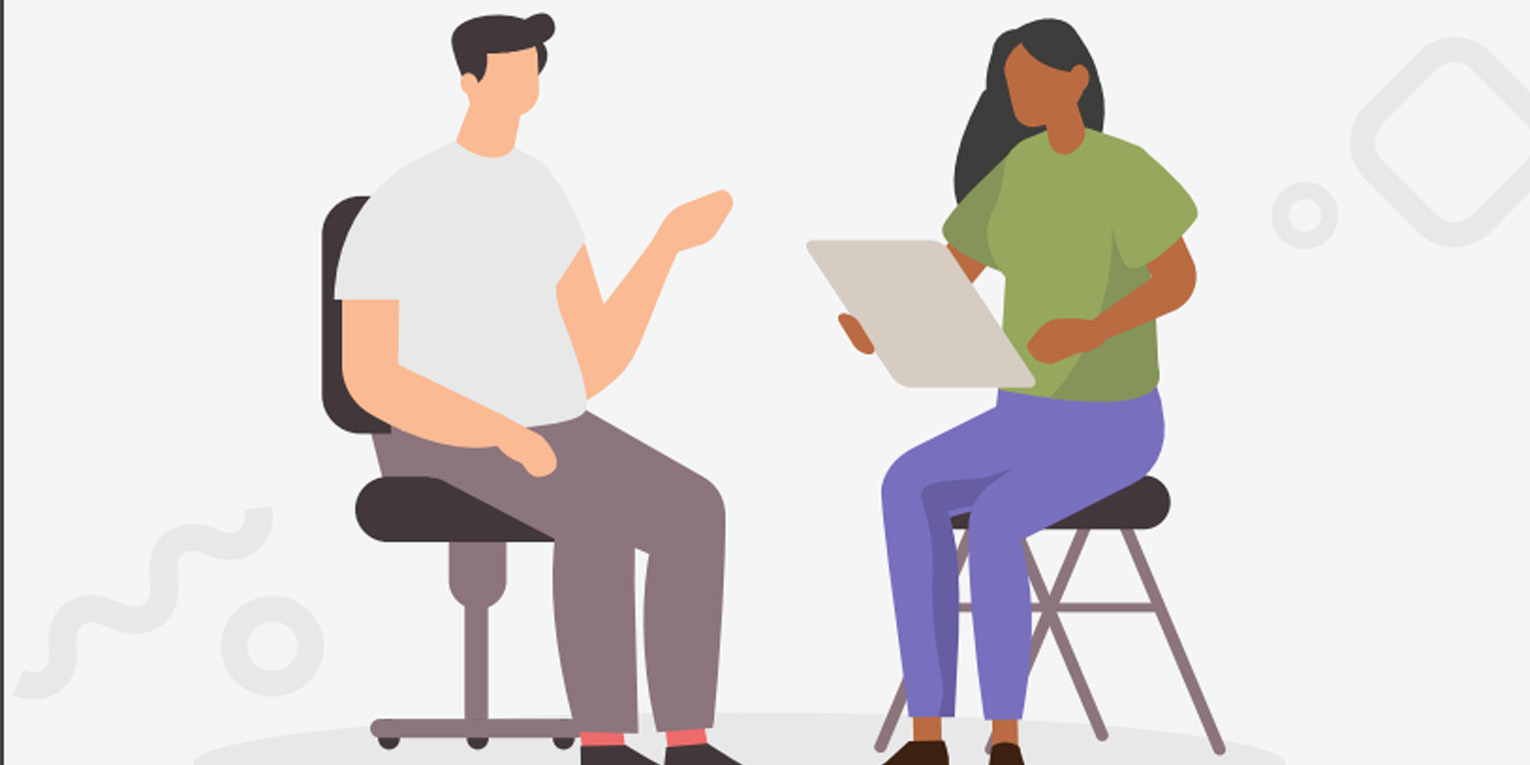 Male employee talking to female character who listens while holding a tablet.