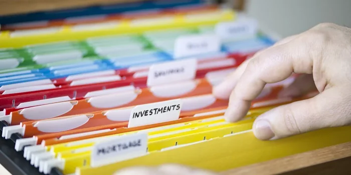 Colorful card files in a filing-cabinet drawer. file management presentation