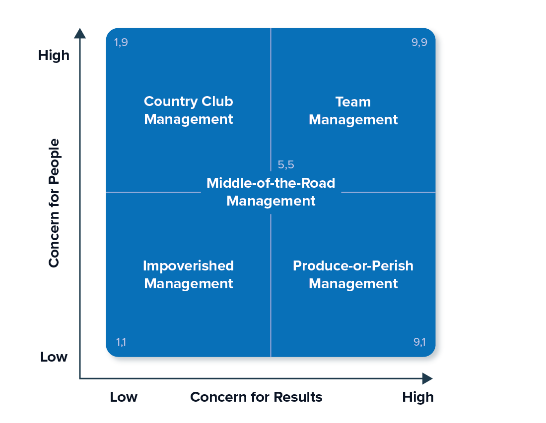 The Blake-Mouton Grid includes Country Club Management, upper left, Team Management, upper right, Middle of the Road Management, center, Impoverished Management, lower left, and Produce or Perish Management, lower right.