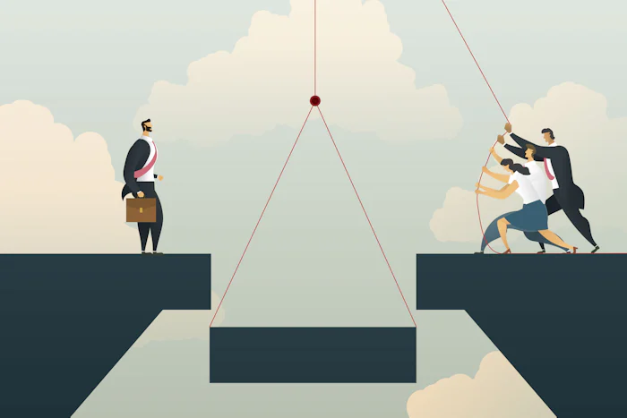 illustration of leadership team working together to repair a bridge and heal crisis