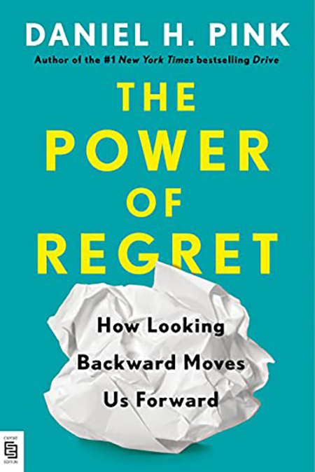 The Power of Regret Book Cover. Title seen in bold, yellow capitals on a teal cover, with a screwed up piece of paper as the image