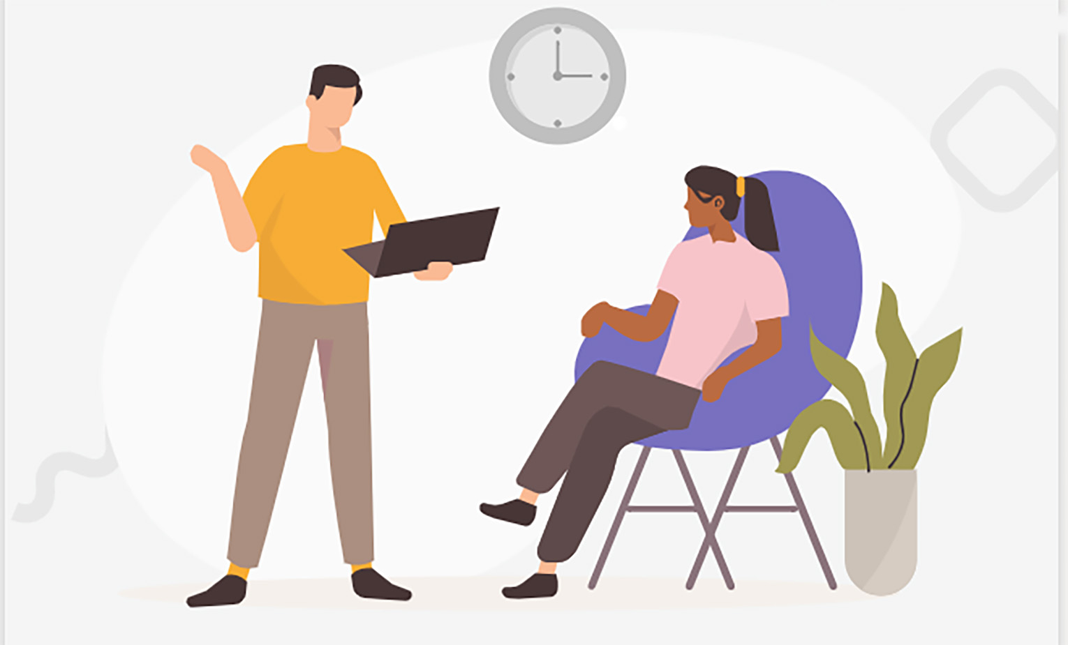 Illustration of a woman sitting on a chair while a man talks to her holding a laptop. A clock is on the wall in the background indicating time management.