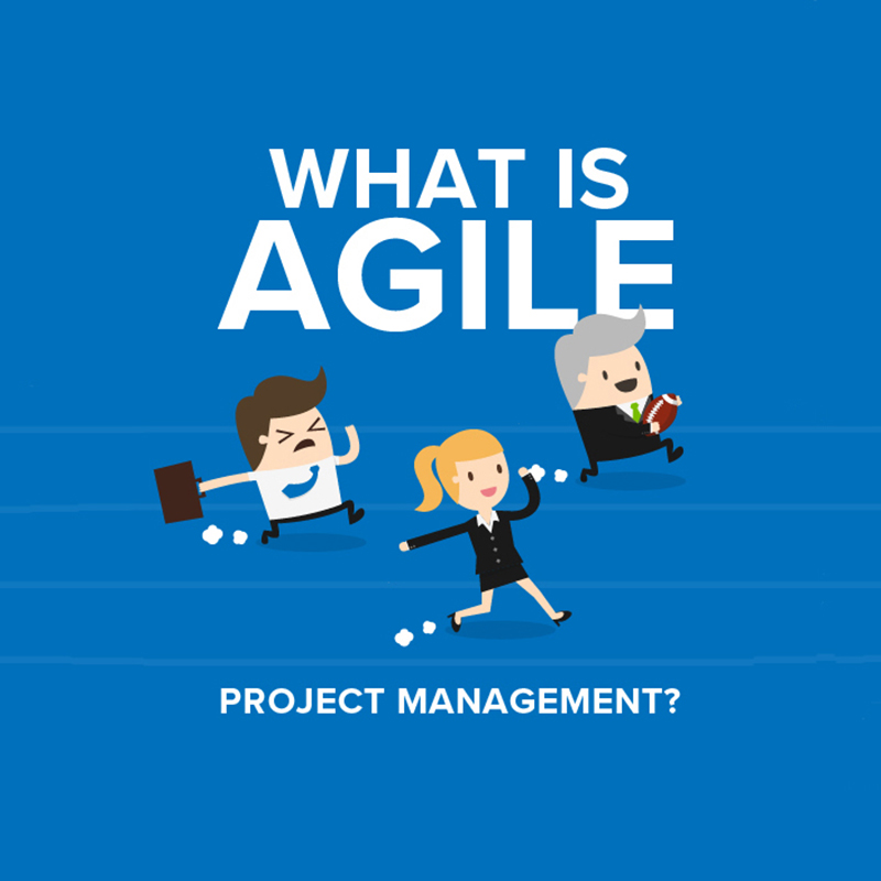 Three animated workers running at speed to show agility. One holds a briefcase, another holds an American football.