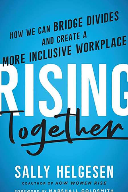 Book cover, light blue background, "Rising" in heavy white capitalized type, "Together" in black, lower case flowery font. No image.