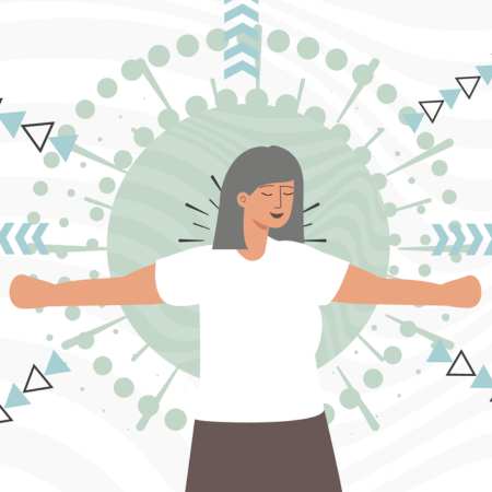 Animated character extends her arms out wide as through thrusting stress away from her.