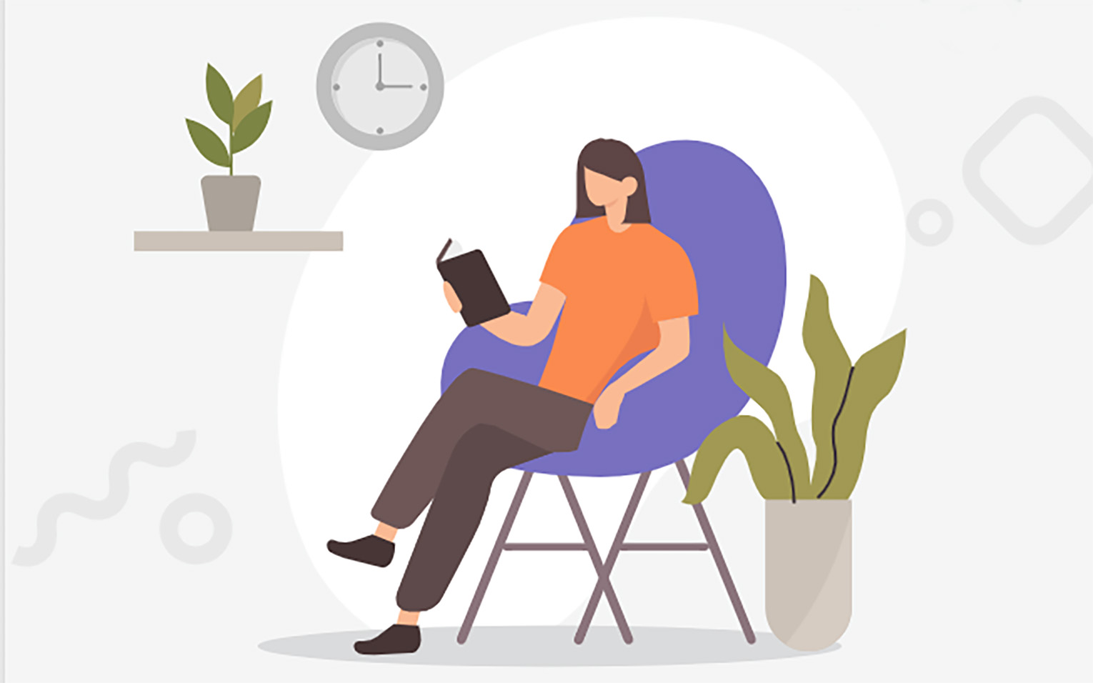 Animation of a woman sitting in a comfy chair reading a book.