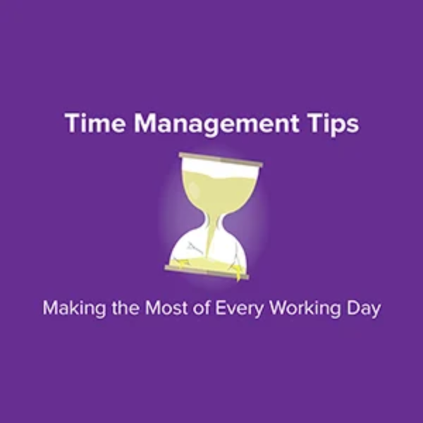A sand timer against a purple background below the title Time Management Tips.
