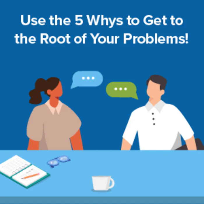 Use the five whys to get to the root of your problems! Blue background with animated characters discussing, symolized by speech bubbles.