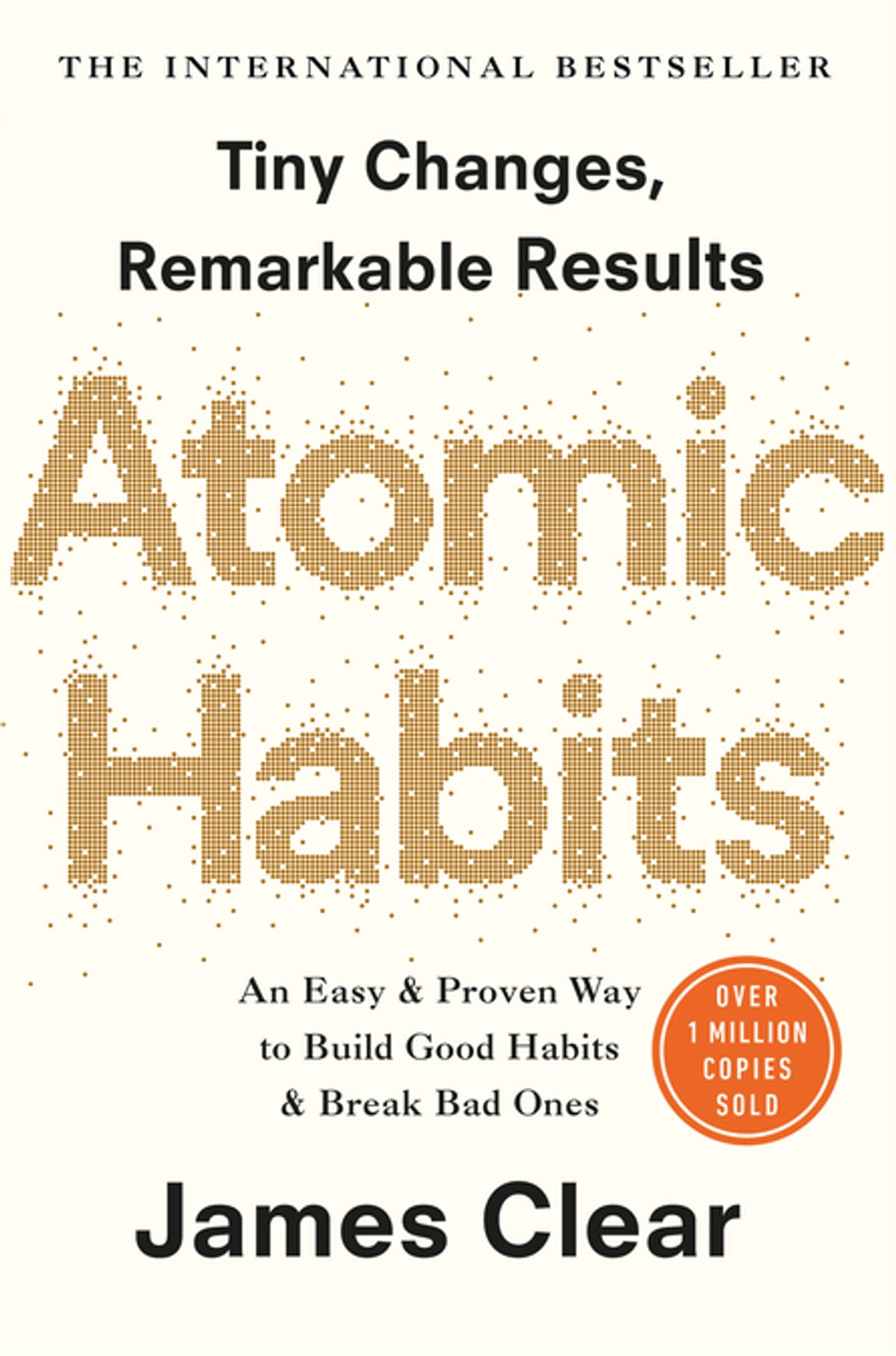 "Atomic Habits" book cover is shown, with title in bold, gold, block capitals
