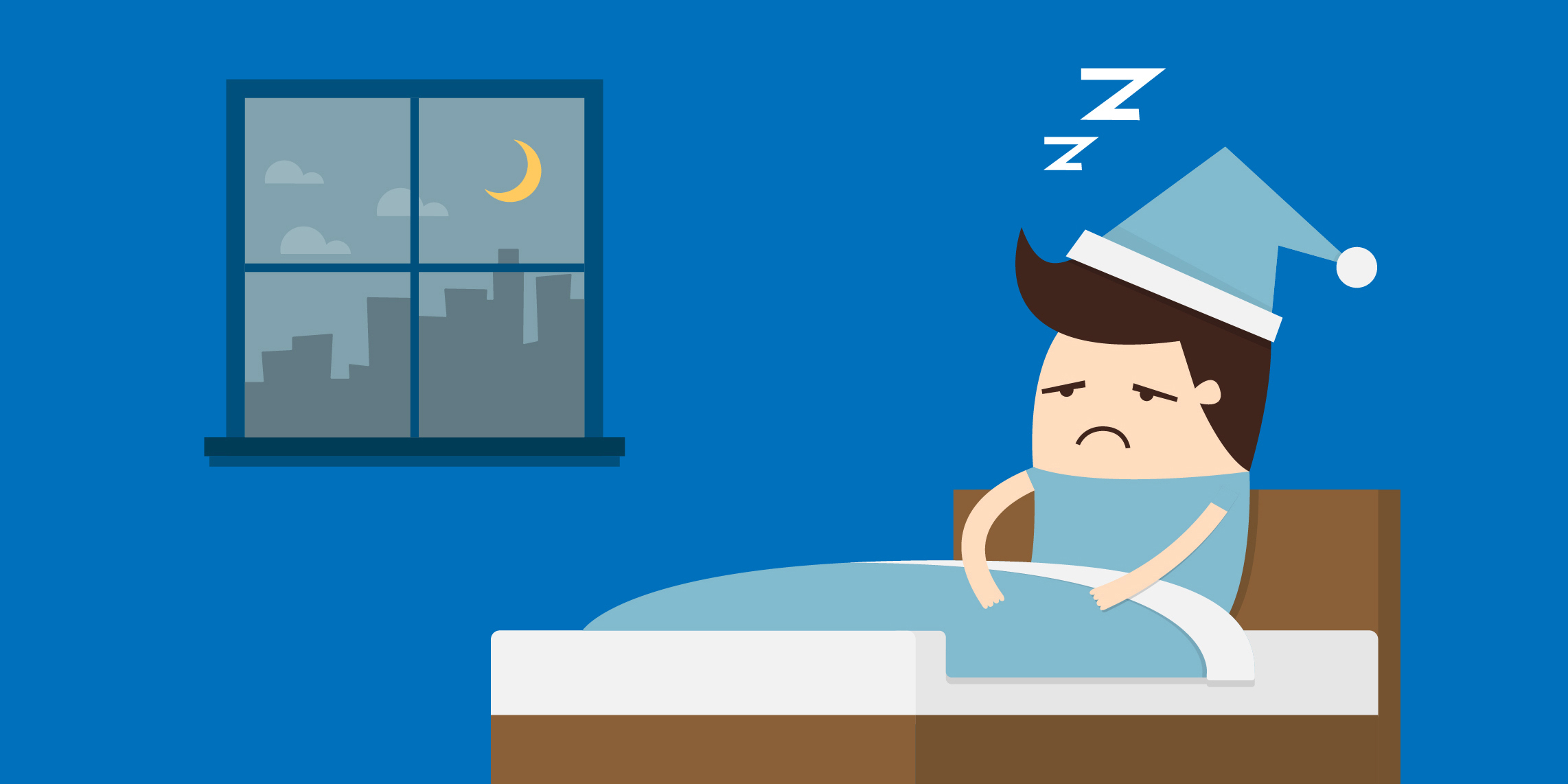 A tired animated character sits up in bed. A window shows it it night.