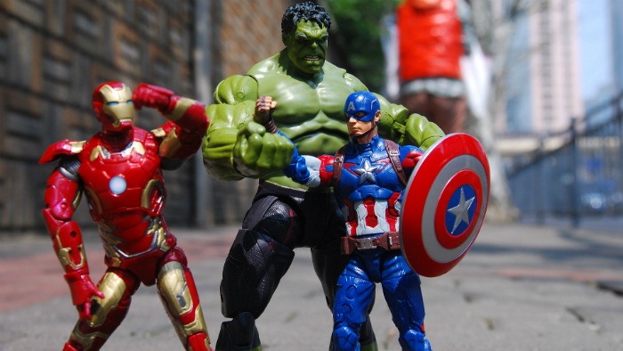 Marvel action figures on street